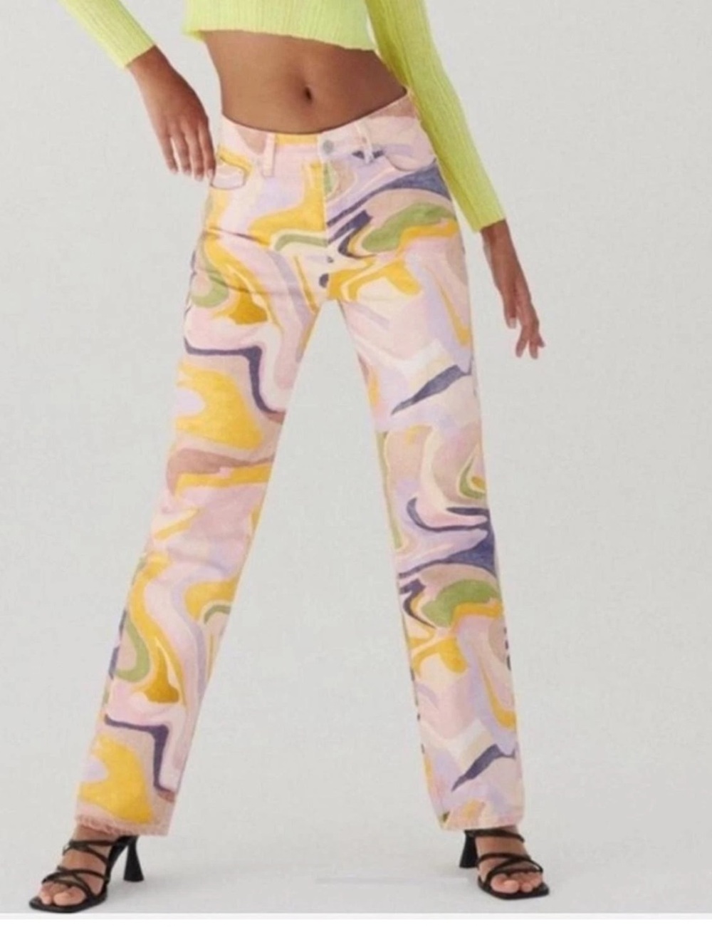 Zara Jeans Abstract Swirl Print Straight Leg Jeans Size 8 Pink Yellow Purple